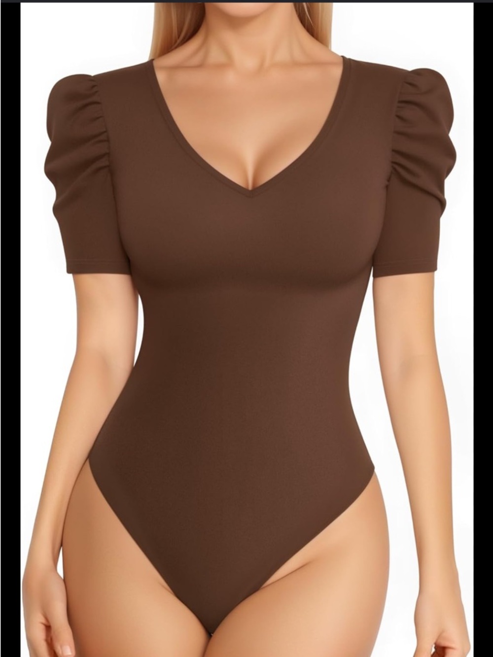 (9) NWT Mangopop V-Neck Puff Sleeve Brown Bodysuit